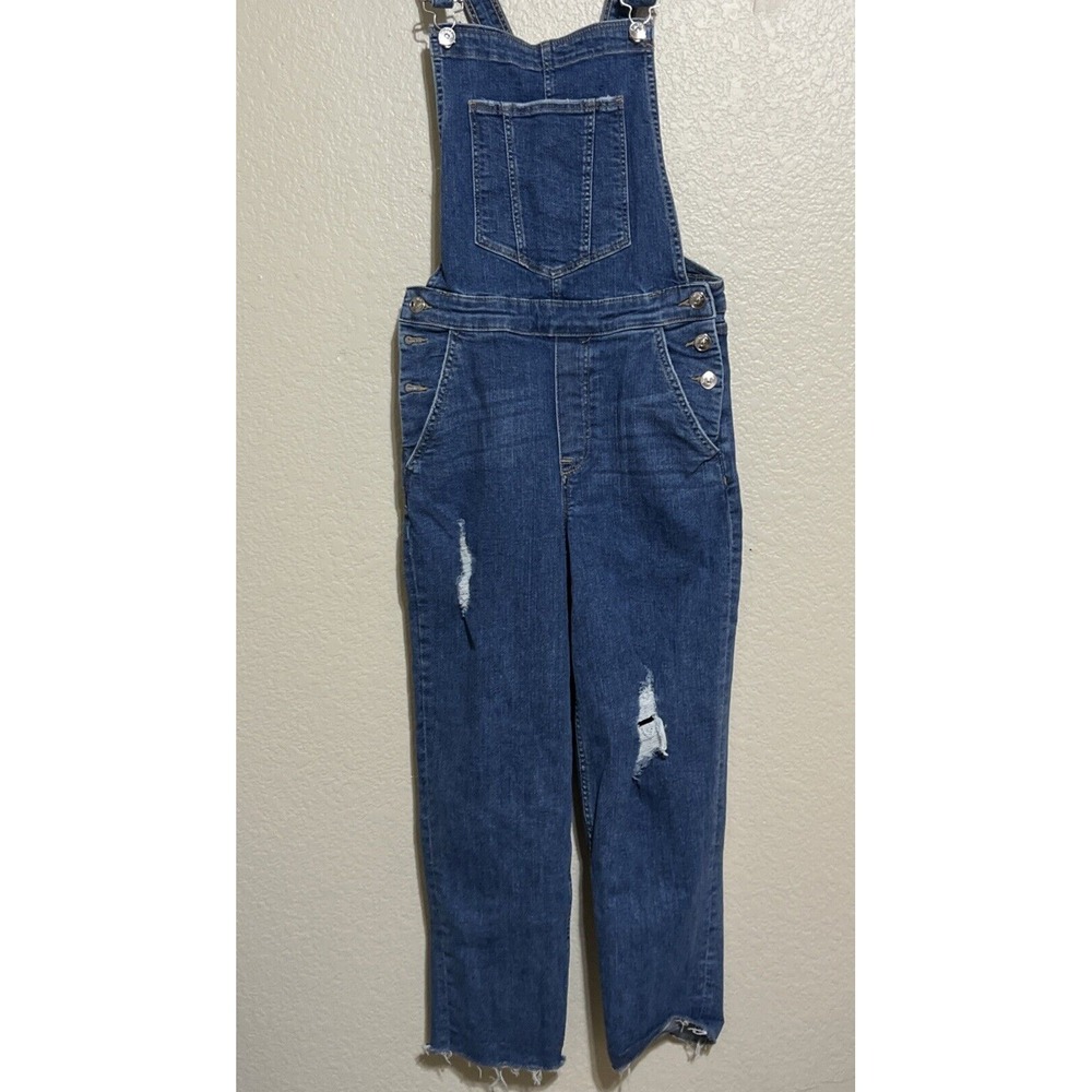 Divided Womens Overalls Bibs SZ 4‎ Blue Denim H&M Adjustable Distressed Raw Hem